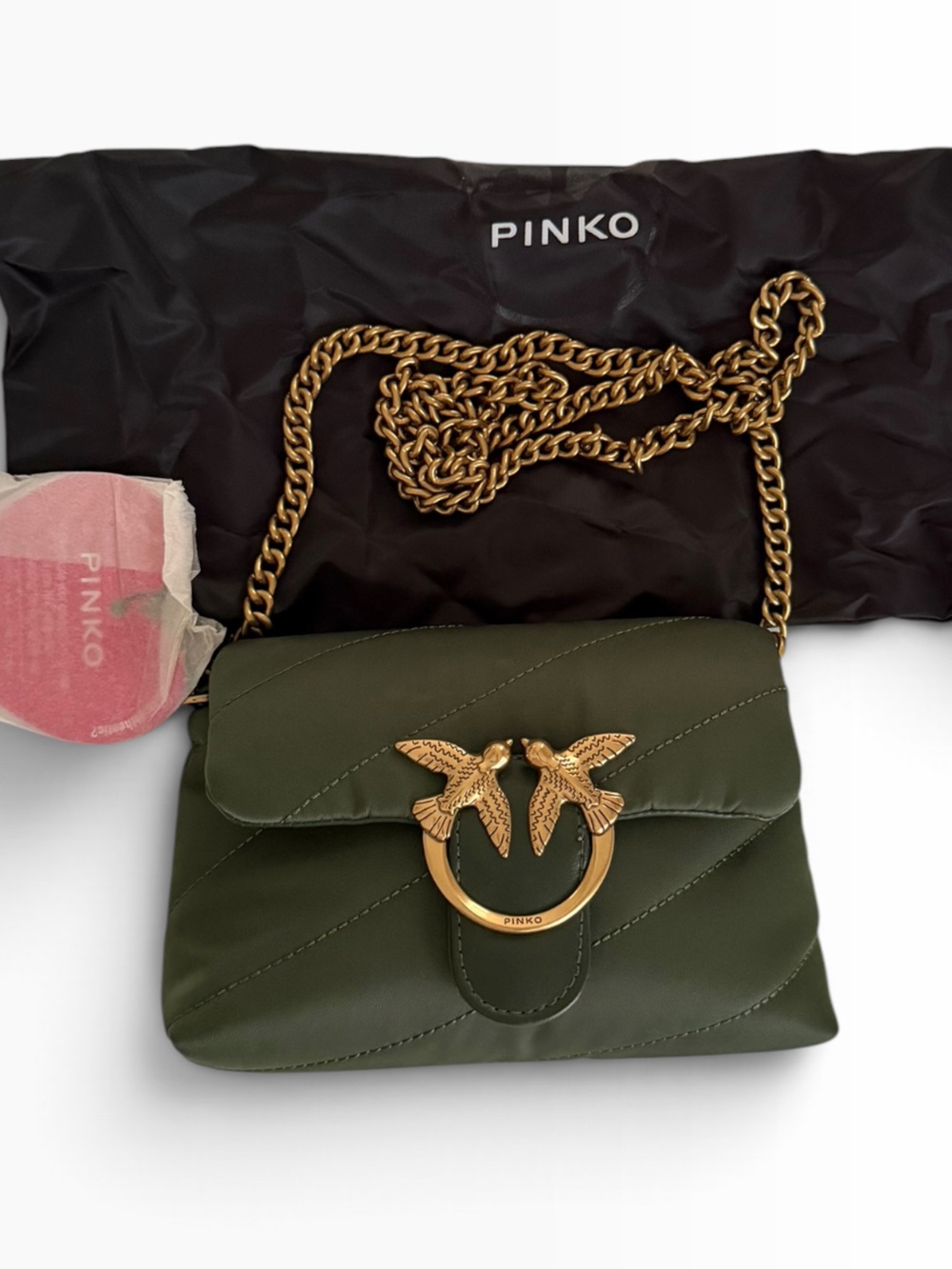 Pinko Quilted Mini Crossbody Love Bag in Olive Green with Gold Hardware